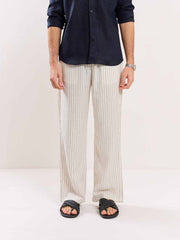 Cream Pinstriped Linen Pull-on Pants